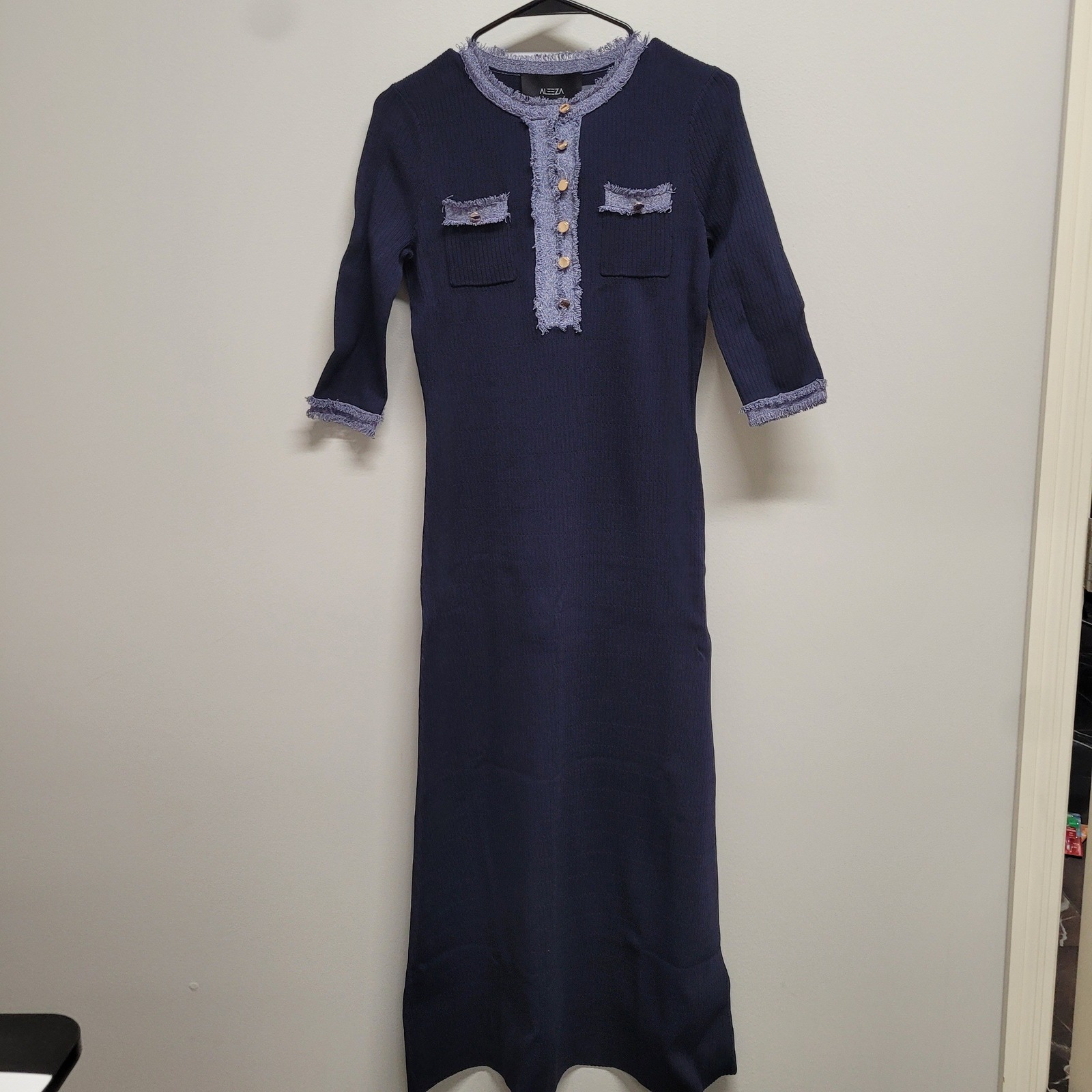 Aleeza Paris Navy Ribbed Knit Maxi Dress Denim Frayed Trim Gold Buttons Size S